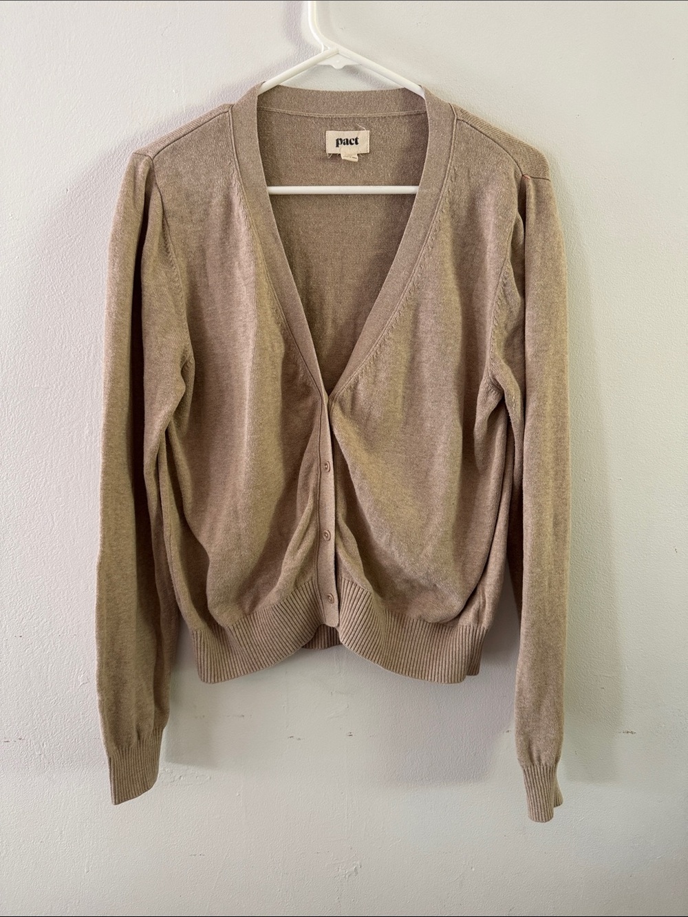 Pact Women's Taupe V-Neck Button Cardigan Sz L